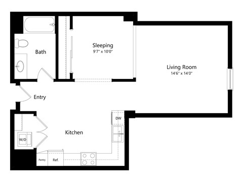 Floor plan for studio, 1 bath, 694 sqft